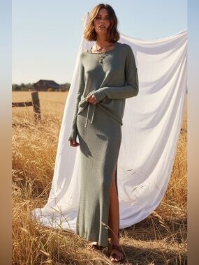 Free People Beach Dahlia Ribbed Dress & Sweater Set Sage Green